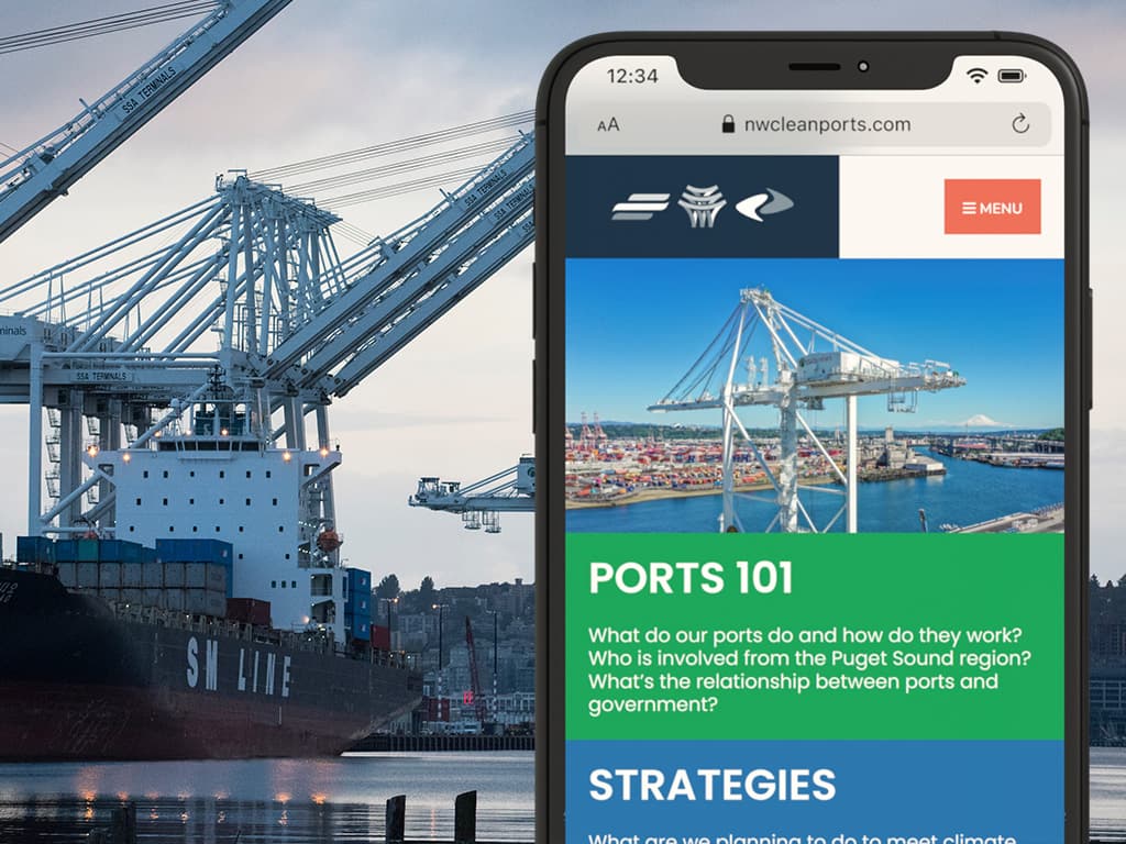 Web screenshot of nwcleanports.com on a mobile device superimposed on a photo of the Port of Tacoma