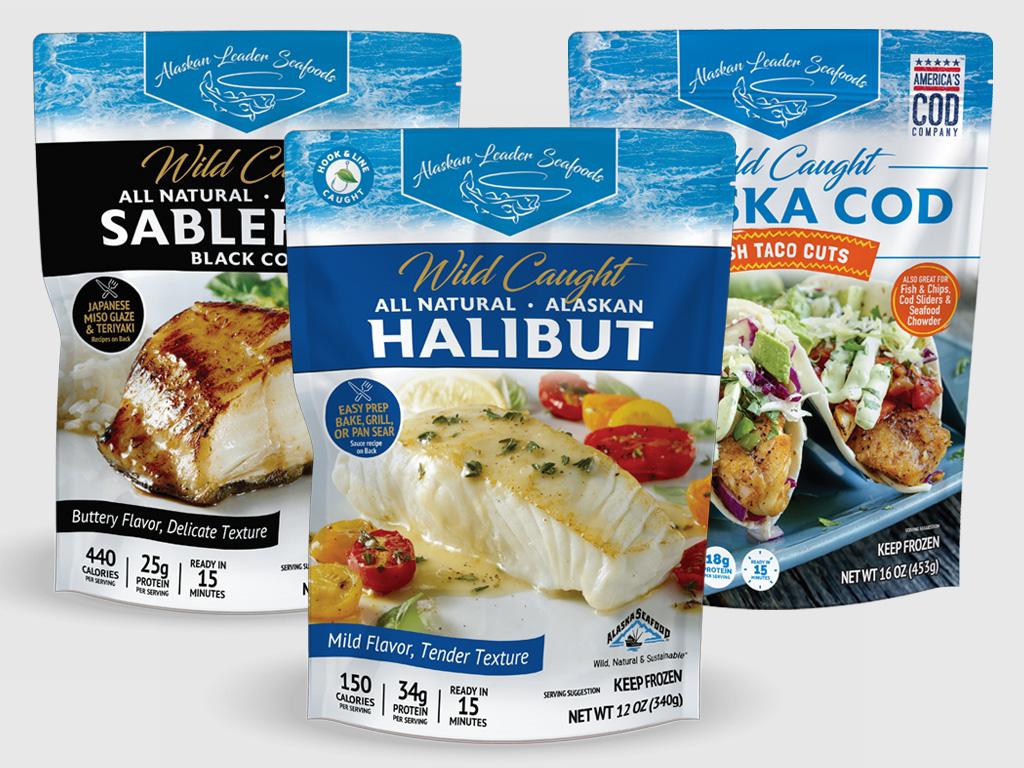 Three Alaskan Leader Seafood bags designed by D2
