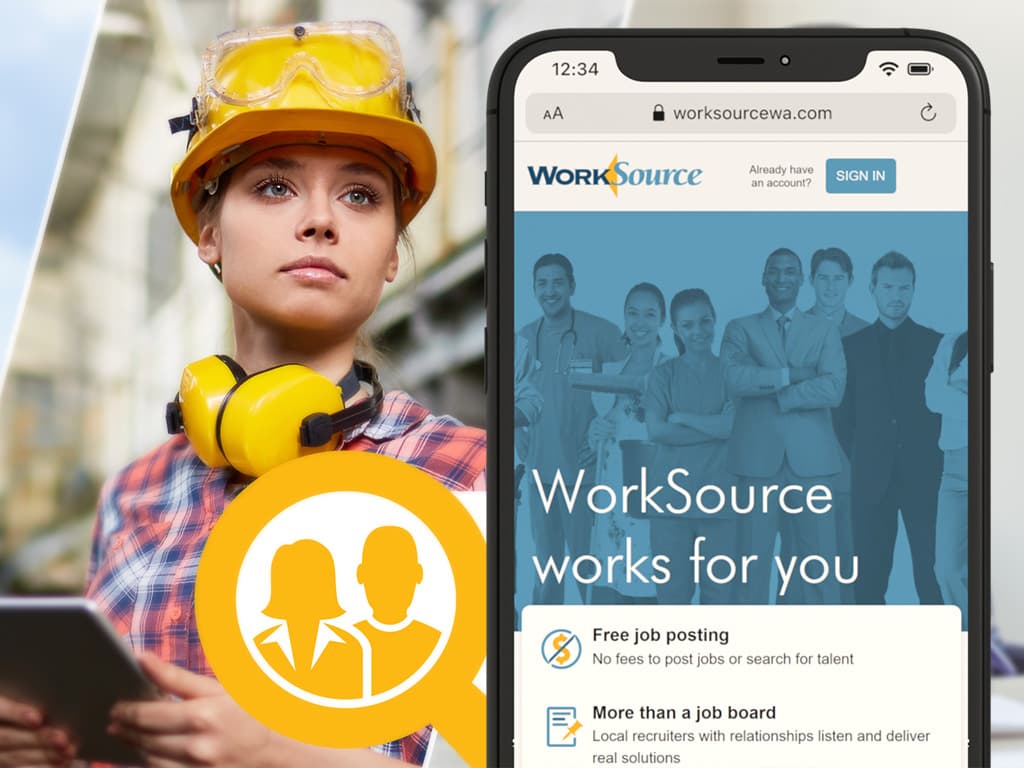 Example campaign image of a warehouse worker behind a screenshot of the landing page for worksourcewa.com on a mobile phone
