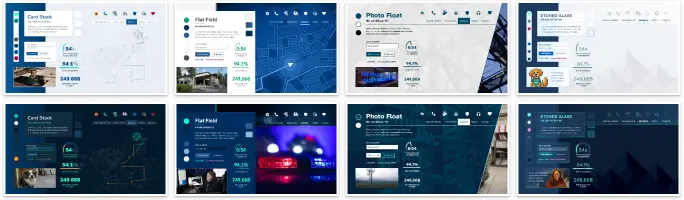 Eight website design samples in two rows of four, light above and dark below. Left to right, the designs are Card Stack, Flat Field, Photo Float, and Etched Glass. Each shows the same heading, navigation, form, statistics, and photo.