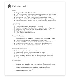 Evaluation rubric: a checklist grouped into color, typography, texture and pattern, photography and imagery, and overall mood.