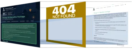 Three tilted panes in a row. On the left, the new Kitsap 911 site showing the Benefits Package page, with the body text outlined in green. In the middle, a gold pane reading 404 Not Found. On the right, the same Benefits Package page in the old site's light design, with its body text highlighted in blue, which carries across the middle pane to the green outline on the new site.