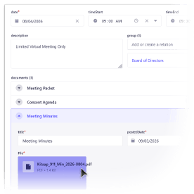 Strapi's editing form for a meeting entry: fields for date, start and end time, description, and group, a list of three documents, and the Meeting Minutes document expanded to show its title, posted date, and uploaded PDF.
