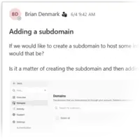 A Teams message from a client team member titled Adding a subdomain, asking where a new subdomain would be created, with a screenshot of a domain management dashboard below.