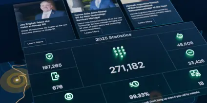 Glassy, glowing panes showing articles and statistics exhibiting the chosen Kitsap 911 theme